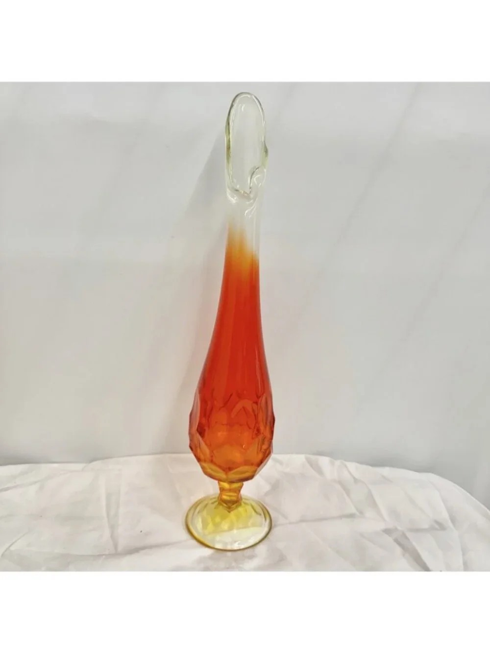 Vintage Amberina Art Glass Swung Vase Pedestal 14 Inch Orange Yellow MCM Decor